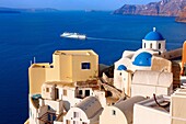 oia Ia Santorini Town with Anek Lines Ferry- Greek Cyclades islands.