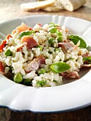 Classic risotto with fresh peas, bacon and mint