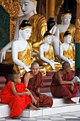 Myanmar, Burma, Yangon, Rangoon, Shwedagon Pagoda, monks, Buddha statues