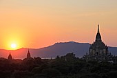 Myanmar, Burma, Bagan, sunset over the temples