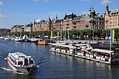 Sweden, Stockholm, Strandvägen street, harbour, boats, floating restaurant