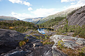 Lake in a rocky landscape with pines, Rullestad, Hordaland, West Norwegen, Scandinavia, Europe