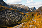 Landschaft auf den Lofoten bei A, Herbst, Süd Lofoten, Moskenesoya, Norwegen, Skandinavien, Europa