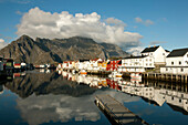 Fishing village of Henningsvaer on the Lofoten islands, Autumn, Austvagoy, Nordland, Norway, Scandinavia, Europe