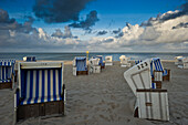 Roofed wicker beach chairs, Hornum, Sylt, Schleswig-Holstein, Germany