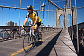 Cyclist Crossing the Brooklyn Bridge, Bicycle, Cycling, Leisure, East River, Manhattan, New York City, United States of America, Usa
