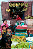 Fruit and Vegetable Seller with His Family, the Market in Kawthaung, the City Once Called Victoria Point Under British Domination (1824-1948), Southern Burma, Asia