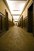 Russia, Moscow, empty corridor with closed doors in Moscow State University