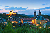 View of castle and basilica in the evening, Goessweinstein, Fraenkische Schweiz, Franconia, Bavaria, Germany, Europe