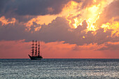Tall ship „Sedov“ anchoring at Binz seaside resort at sunrise, Ruegen island, Baltic Sea, Mecklenburg-West Pomerania, Germany