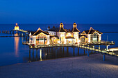 Illuminated pier in the evening, Sellin seaside resort, Ruegen island, Baltic Sea, Mecklenburg-West Pomerania, Germany, Europe
