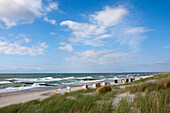Beach under clouded sky, Ahrenshoop, Fischland Darss Zingst, Baltic Sea, Mecklenburg West Pomerania, Germany, Europe