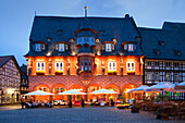 Hotel Kaiserworth, market square in the evening light, Goslar, Harz mountains, Lower Saxony, Germany