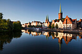 View over river Trave to old town with St. Mary' s church and church of St Peter, Hanseatic City of Luebeck, Schleswig Holstein, Germany