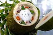 French Polynesia, polynesian carpaccio in a coconut