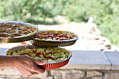 Woman's hands holding three tarts, outdoors