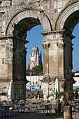 France, Poitou-Charente, Charente -Maritime, Saintes, Germanicus Arch and Saint Pierre cathedral bell tower