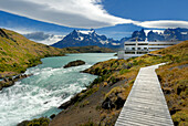Chile, Patagonia, Torres del Paine National Park, Explora hotel, Salto chico waterfalls and Las Torres mountain