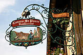 France, Alsace, Haut-Rhin, Colmar, Petite Venise district, restaurant signboard