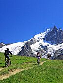 France, Alps, Hautes Alpes, Meije mountain in summer, hikers and mountain bikers