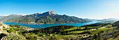 France, Alps, Hautes Alpes, Durance valley view from Serre-Ponçon lake, Grand Morgon mount in the back