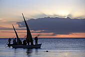 Mauritius, Trou aux Biches, sunset, sailboats, people