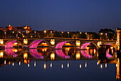 France, Midi-Pyrénées, Haute-Garonne, Toulouse by night, illuminated bridge over the river Garoone