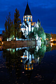 France, Lorraine, Moselle (57), Metz, the New Temple by night, banks of the Moselle river