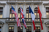 Germany, Berlin, Kreuzberg, Haus am Checkpoint Charlie, flags