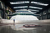 Cruiser under construction in dry dock, Meyer Werft, Papenburg, Lower Saxony, Germany