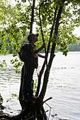 Boy standing on a tree at lakeshore, Lankau, Schleswig-Holstein, Germany