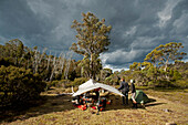 Camp at Lake Meston, Walls of Jerusalem National Park, UNESCO World Nature Site, Tasmania, Australia