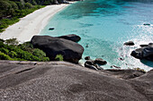 View from the top of Sail Rock down onto the beach and corals, Similan Islands, Andaman Sea, Thailand