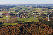 Aerial view of wind wheels at wind turbine park Ormont, Eifel, Rhineland Palatinate, Germany, Europe