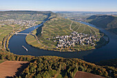 Aerial view of the Moselle river at Piesport and Minheim, Eifel, Rhineland Palatinate, Gemany, Europe