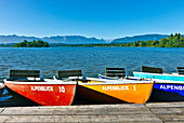 Rowboats at lake Staffelsee, Uffing, Upper Bavaria, Germany
