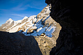 Silberhorn mountain lodge, Eiger and Moench in background, Lauterbrunnen Valley, Canton of Bern, Switzerland