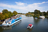 Excursion boat and motorboats at Plau, Plau lake, Mueritz-Elde-canal, Mecklenburg lake district, Mecklenburg Western-Pomerania, Germany, Europe