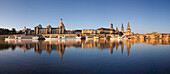 Panoramic view over the Elbe river to Bruehlsche Terrasse, University of visual arts, Frauenkirche, Staendehaus, Dresden castle, Hofkirche and Semper Opera in the evening light, Dresden, Saxonia, Germany, Europe
