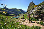 Hikers in the Rofan range at lake Achensee, Tyrol, Austria, Europe