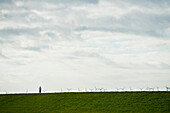 Female cyclist passing dike, wind turbines in background, Norderney, East Frisian Islands, Lower Saxony, Germany