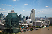 Overhead of River Chao Phraya and city from Millennium Hilton Hotel, Bangkok, Thailand