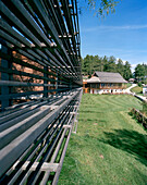 Außenansicht vom Hotel, Restaurant im Hintergrund, Vigilius Mountain Resort, Vigiljoch, Lana, Trentino-Südtirol, Italien