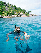 Octopus hunter Alvis Jean snorkeling off Felicité island with squid, Coleoidea, La Digue and Inner Islands, Republic of Seychelles, Indian Ocean