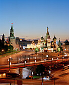 View from Kempinski Hotel over Moskva to St. Basil's Cathedral, Red Square and Kremlin, Moscow, Russia, Europe