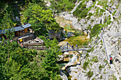 High angle view of hikers on a bridge, Oetscherland, Oetschergraeben, Lower Austria, Austria, Europe