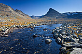 Fluss Leira unter blauem Himmel, Norwegen, Jotunheimen Nationalpark, Kyrkja, Norwegen, Europa