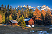Huts at the Wurzjoch, Trees in Autumn colours, Dolomites, South Tyrol, Italy