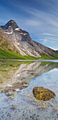 Reflection of Stetind mountain in a lake, Stefjordbotn, Stefjord, Tysfjord, Nordland, Norway