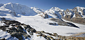 View from Diavolezza onto snow covered mountains, Piz Palue, Piz Bernina, Pers Glacier, Grisons, Switzerland, Europe